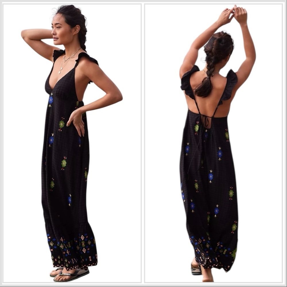 Anthropologie V-Neck Black Gauzy Embroidered Ruffle Sleeve Maxi Halter Dress M